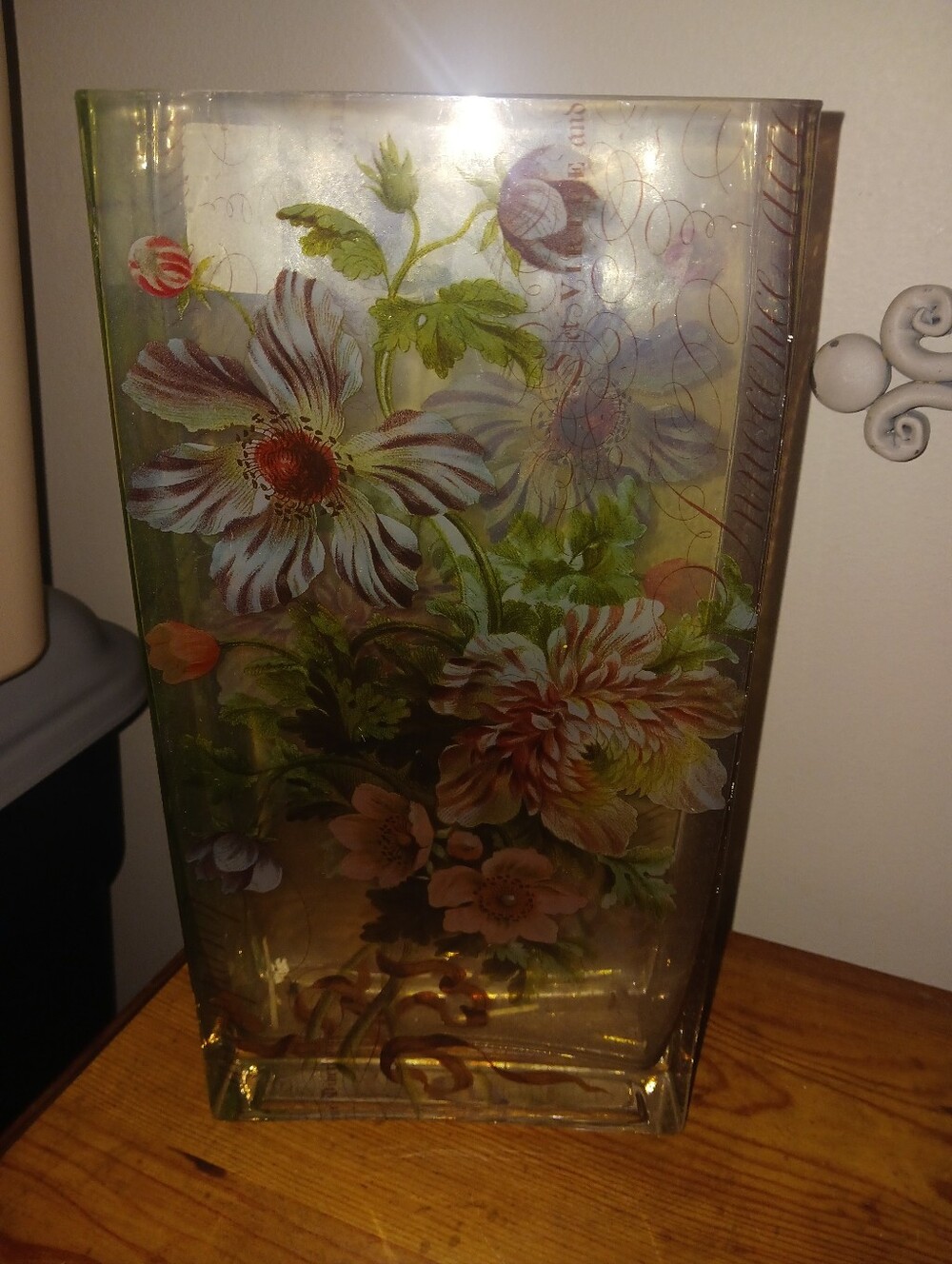 Decorative Handpainted Floral Glass Vase - Green and Pink